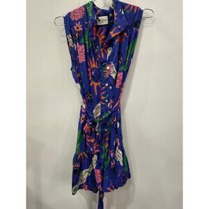 Gold & Silver Paris Sleeveless Waist Strap Mini Dress Blue Printed Size 2